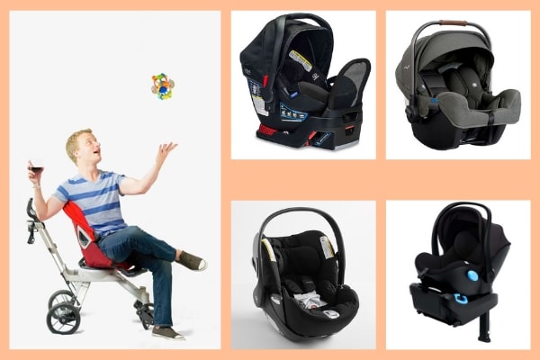 The Baby Guy’s Best Infant Car Seats of 2019, Jamie Grayson in a car set with four other car seats next to him.